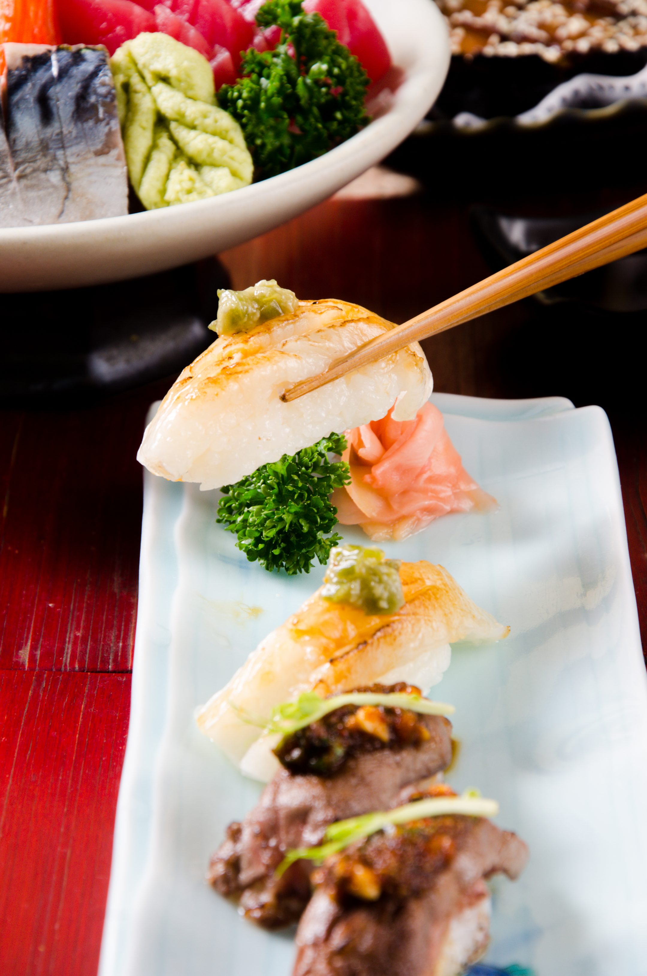 Engawa sushi and sirloin sushi at Tenkogu Chiang Mai