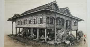 Sketch of an old teak wood house in Sanpatond Northern Thailand