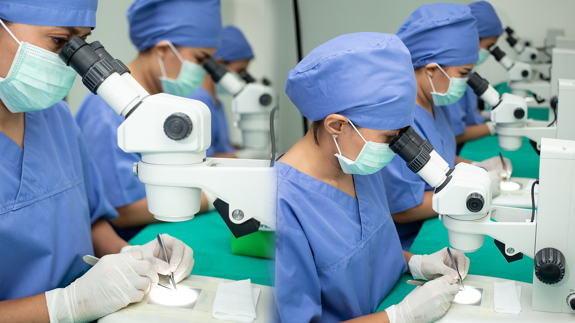 Medical team performing FUE hair transplant under microscope